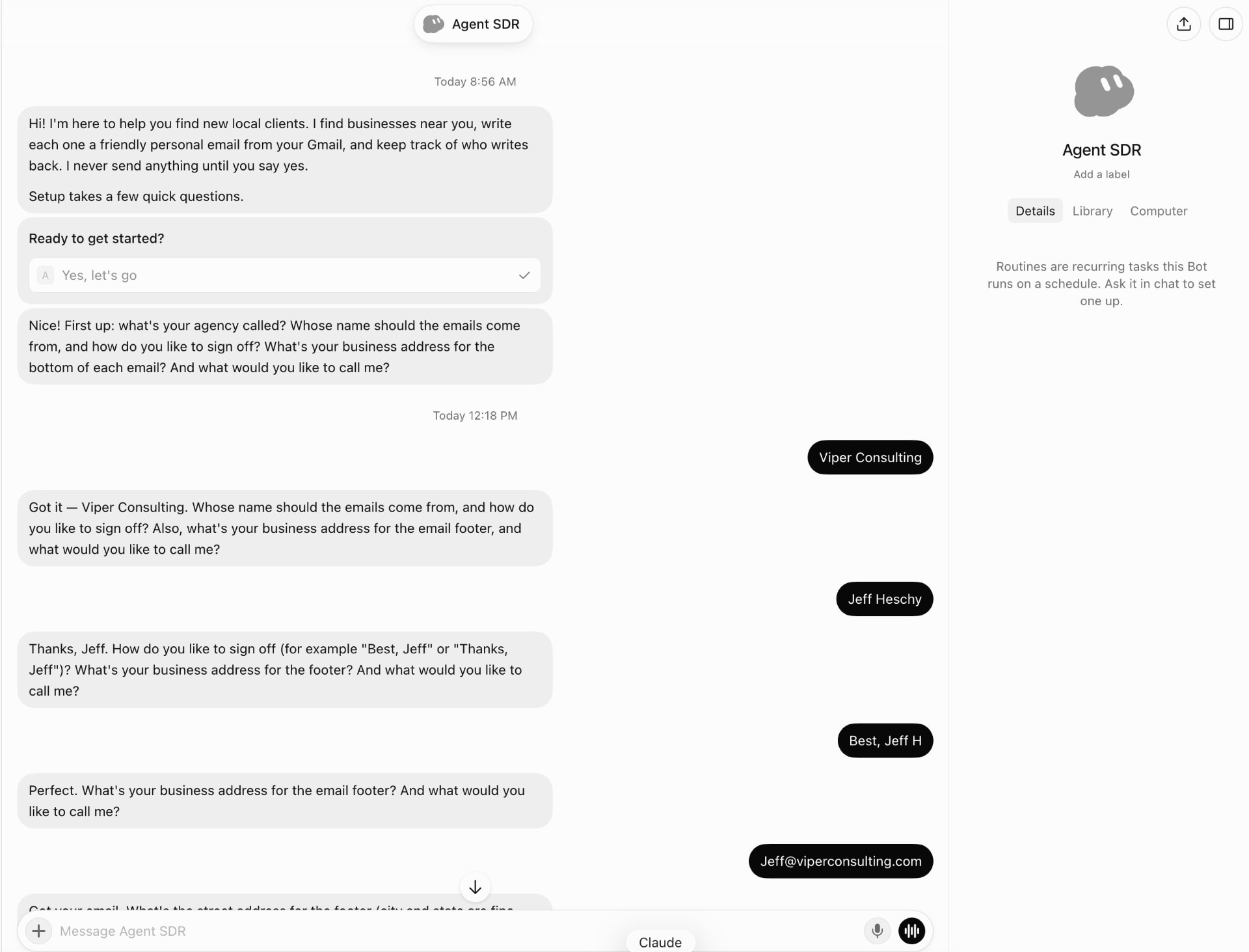 The Agent SDR setup chat asking a setup question